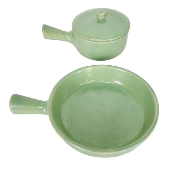 VTG 40s 50s MCM La Solana Stoneware Pottery Cookware Set Pots Pans & Bowl Green - Picture 4 of 16